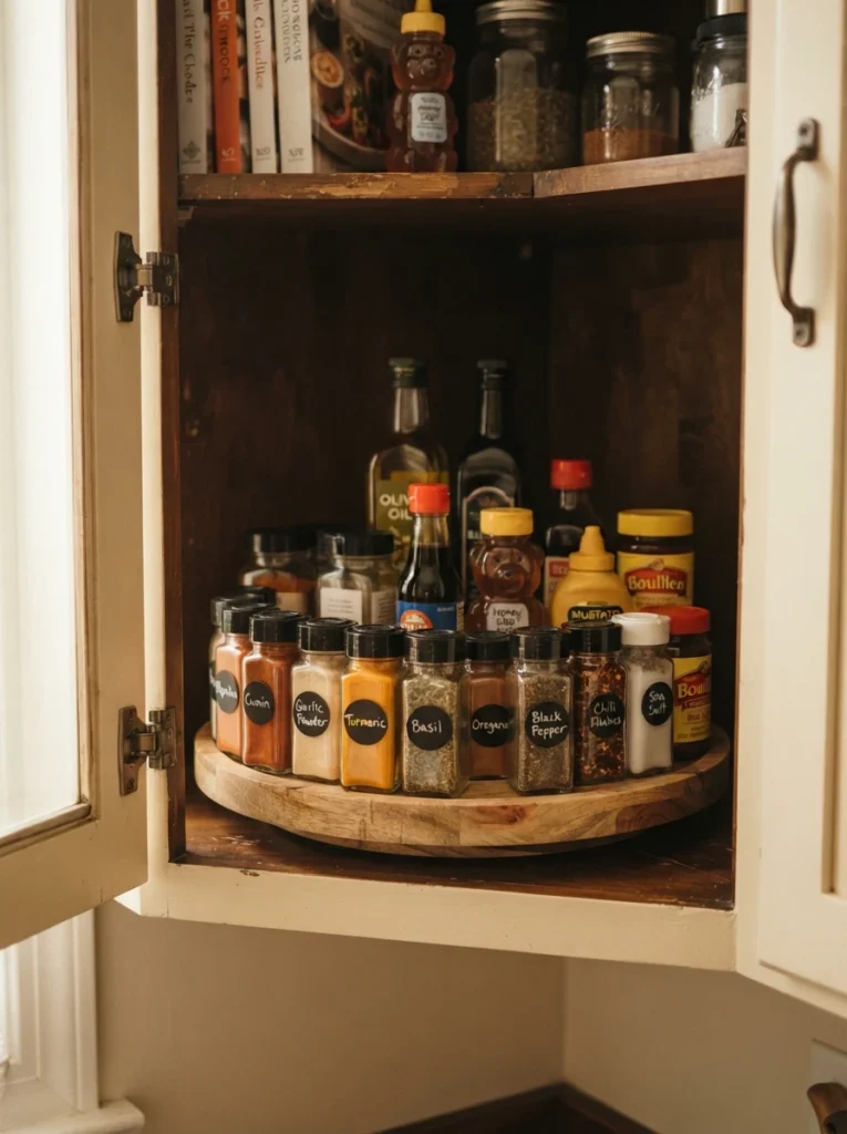 A freestanding lazy susan inside a corner kitchen cabinet, spice jars and condiments arranged on top, warm kitchen lighting, vertical Pinterest photography, warm rotating styling.