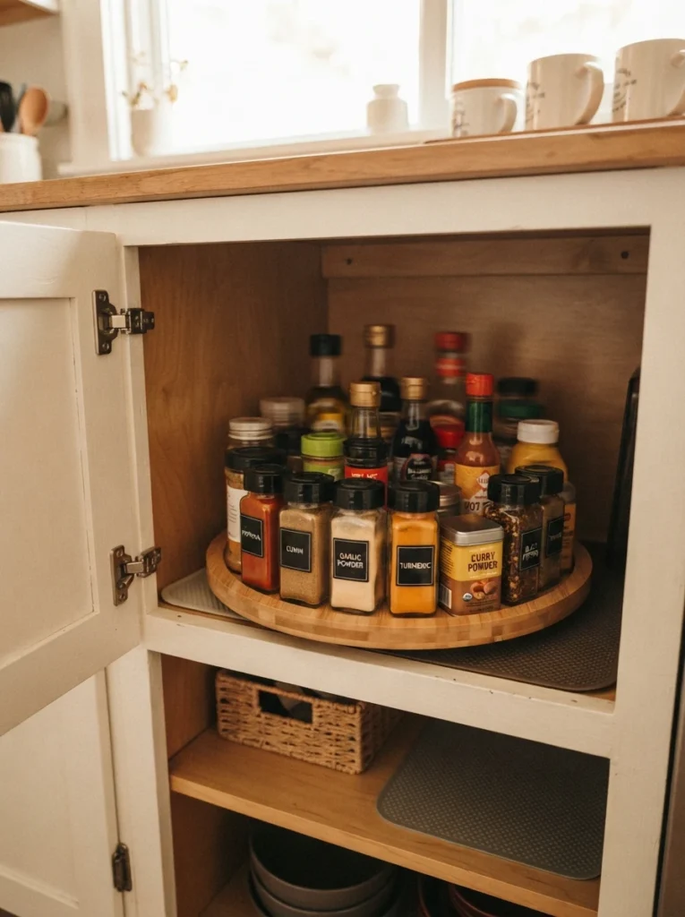 A freestanding lazy susan inside a small kitchen cabinet, holding spice jars and condiments, cabinet door open, warm lighting, vertical Pinterest photography, warm rotating styling.