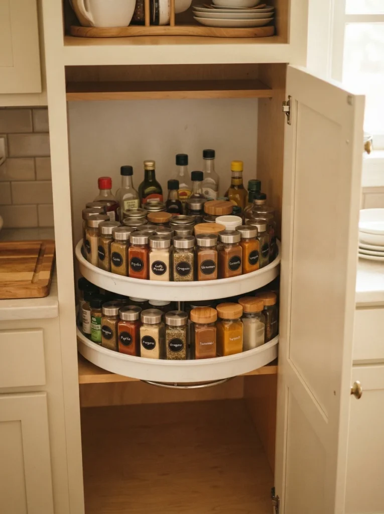 ![A kidney-shaped lazy susan tray with a raised lip edge inside a corner kitchen cabinet, jars and spice bottles neatly arranged, cabinet door open, warm kitchen lighting, vertical Pinterest photography, warm practical styling.]