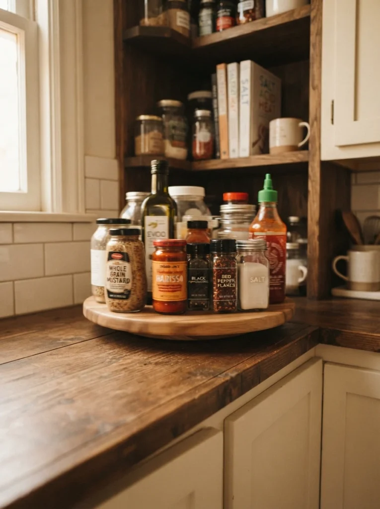 A freestanding lazy susan on a deep kitchen shelf, spinning to bring items into view, warm kitchen lighting, vertical Pinterest photography, warm rotating styling.