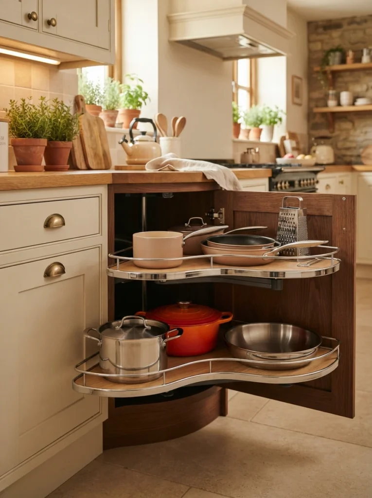A LeMans-style corner pull-out with two curved shelves extended from a cabinet, holding pots and pans, warm kitchen lighting, vertical Pinterest photography, warm curved styling.