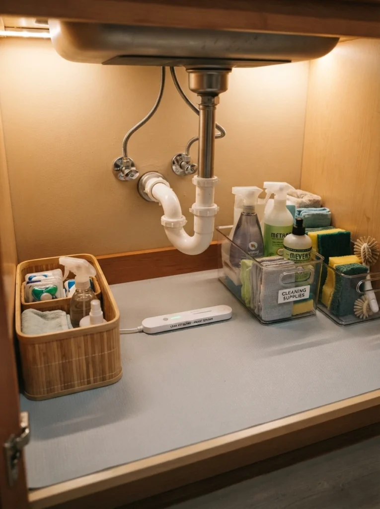A leak detector strip placed on the floor of an under-sink cabinet, visible alongside organized storage bins, warm kitchen lighting, vertical Pinterest photography, warm safety-focused styling.