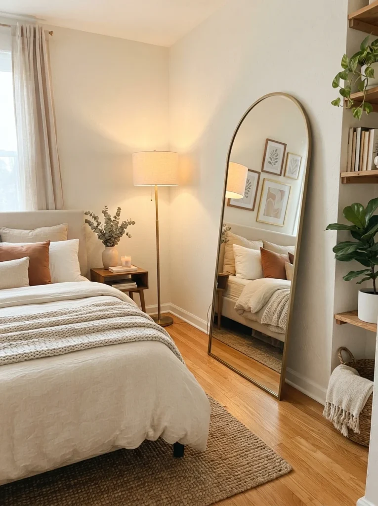 A large leaning mirror positioned across from a warm floor lamp in a small bedroom, lamp light reflecting back into the room, cozy neutral bedding, bright airy atmosphere, vertical Pinterest interior photography, warm expansive tones.