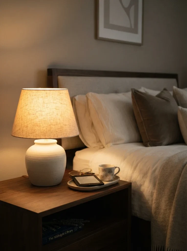 Close-up of a warm linen lamp shade diffusing soft golden light across a bedroom nightstand, crisp bedding in the background, cozy evening atmosphere, minimalist luxurious styling, vertical Pinterest photography, warm soft-focus detail shot.