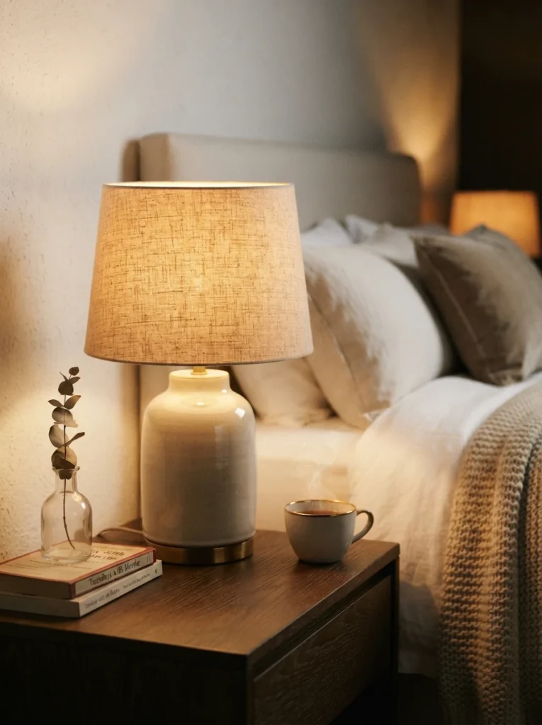 Close-up of a warm linen lamp shade diffusing soft golden light across a bedroom nightstand, crisp bedding in the background, cozy evening atmosphere, minimalist luxurious styling, vertical Pinterest photography, warm soft-focus detail shot.