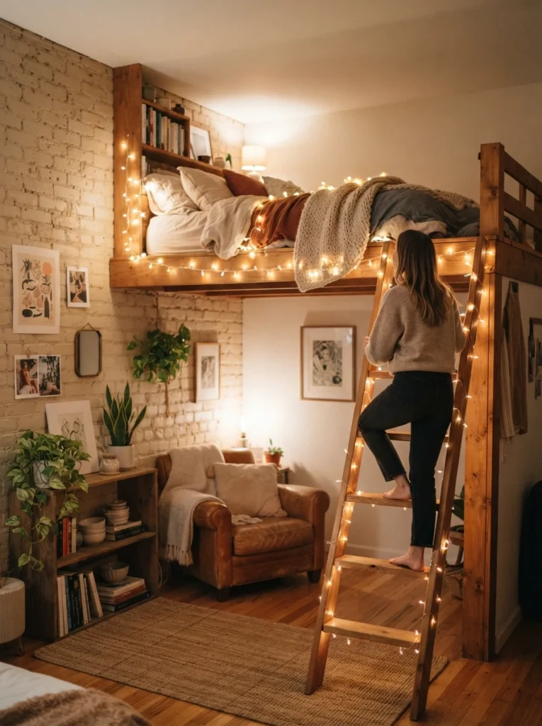 A lofted bed frame and ladder in a small studio apartment wrapped with warm string lights, soft glow illuminating the climb, cozy minimalist styling, evening ambiance, vertical Pinterest photography, warm functional charm.