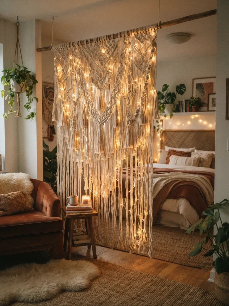 A small remote control resting on a bed beside warm glowing string lights, cozy studio apartment bedroom, soft evening ambiance, minimalist styling, vertical Pinterest photography, warm relaxed lighting.