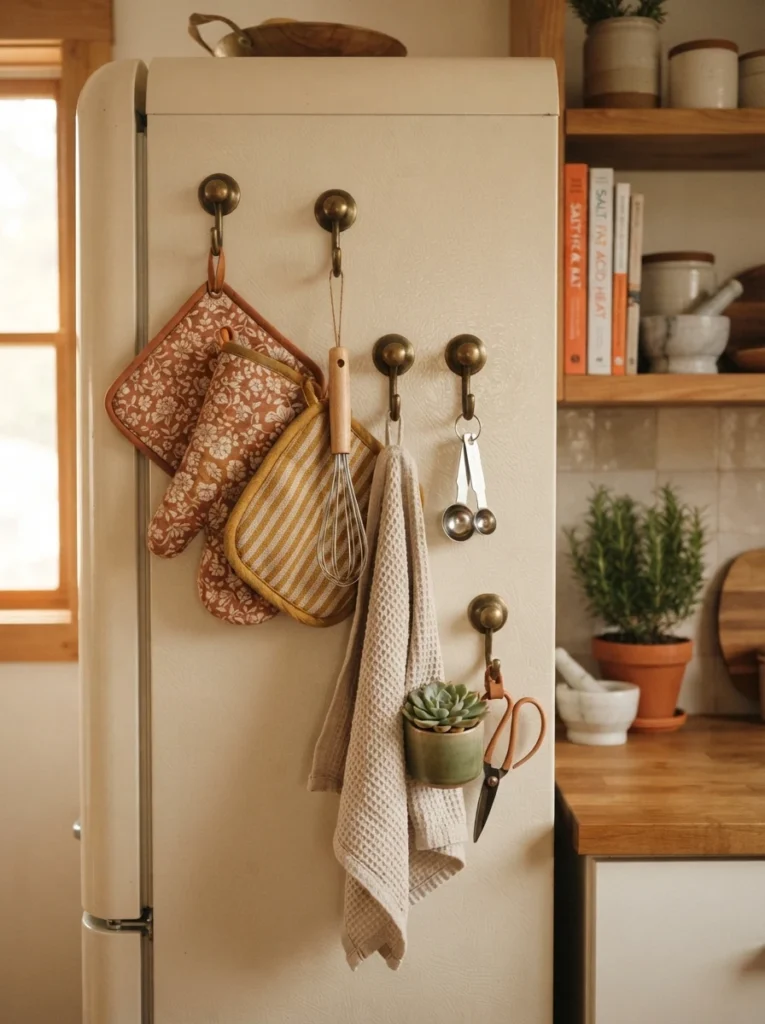 Magnetic hooks on the side of a refrigerator, holding potholders and small kitchen items, warm kitchen lighting, vertical Pinterest photography, warm magnetic styling.