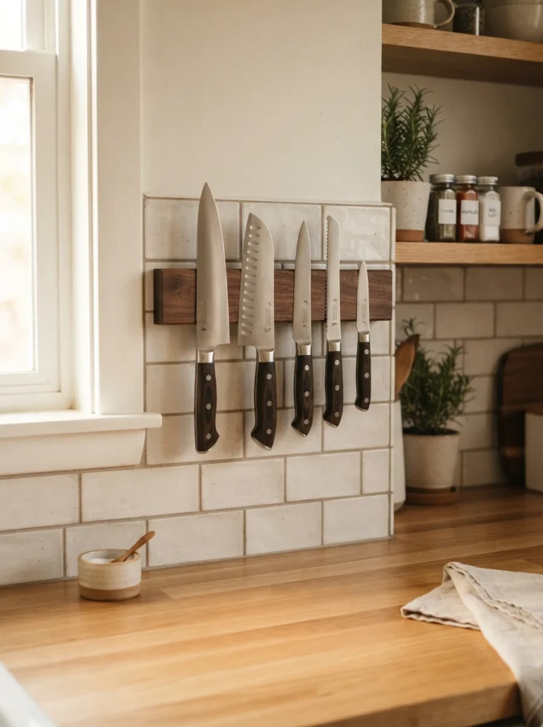 A magnetic knife strip mounted on a small kitchen wall, holding several knives, counter space clear below, warm lighting, vertical Pinterest photography, warm space-saving styling.