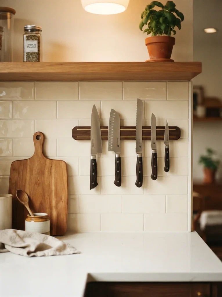 ![A magnetic knife strip mounted on a studio kitchen wall, counter space clear below, warm kitchen lighting, vertical Pinterest photography, warm wall-mounted styling.]