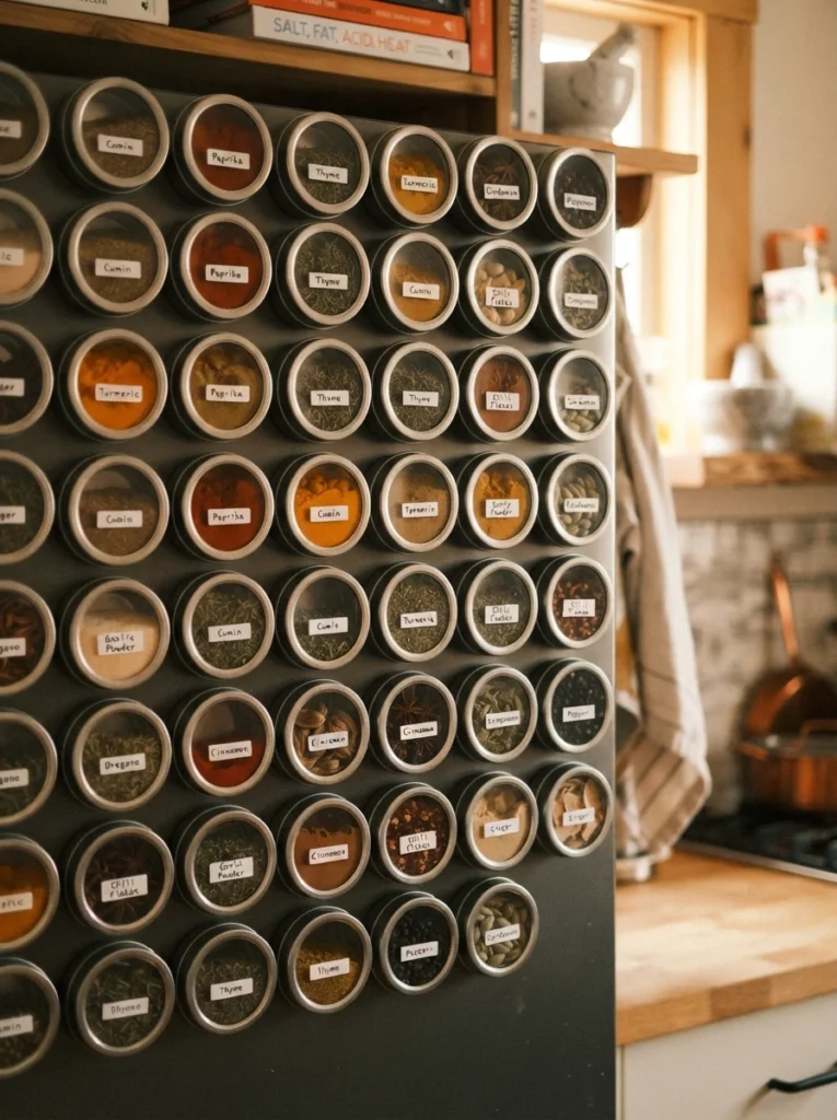 Magnetic spice tins arranged on the side of a refrigerator, small labeled containers with visible spice colors, warm kitchen lighting, vertical Pinterest photography, warm compact detail.