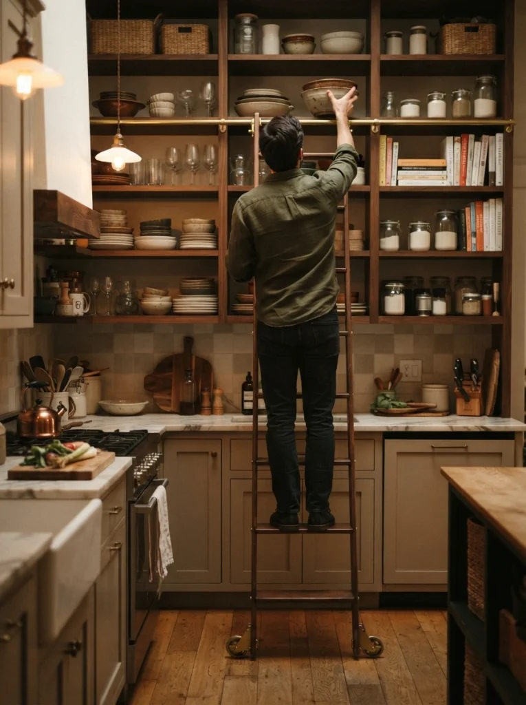 A small rolling ladder in a kitchen, used to access very high shelving, warm kitchen lighting, vertical Pinterest photography, warm ladder-access styling.