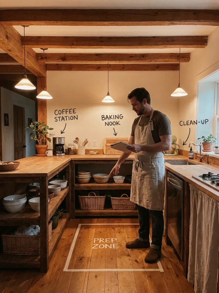 A person standing in an empty kitchen, mapping out where different tasks would naturally happen, warm kitchen lighting, vertical Pinterest photography, warm reimagined styling.