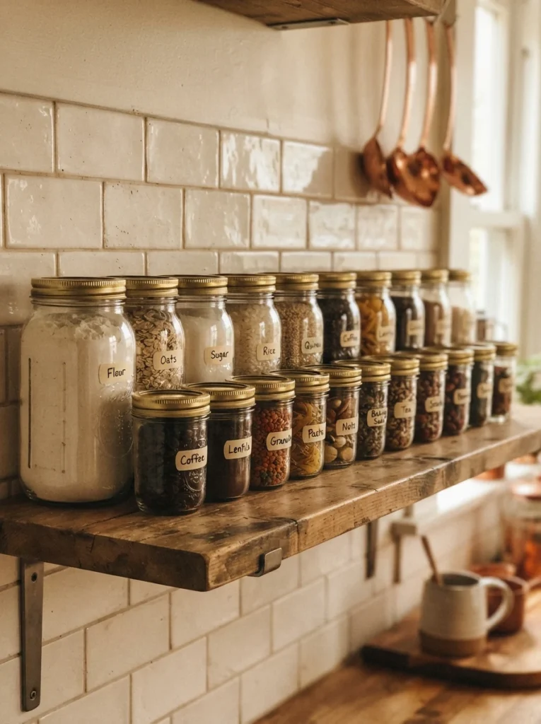 A row of mason jars with matching lids in two standard sizes, organized on a shelf, warm kitchen lighting, vertical Pinterest photography, warm standardized styling.