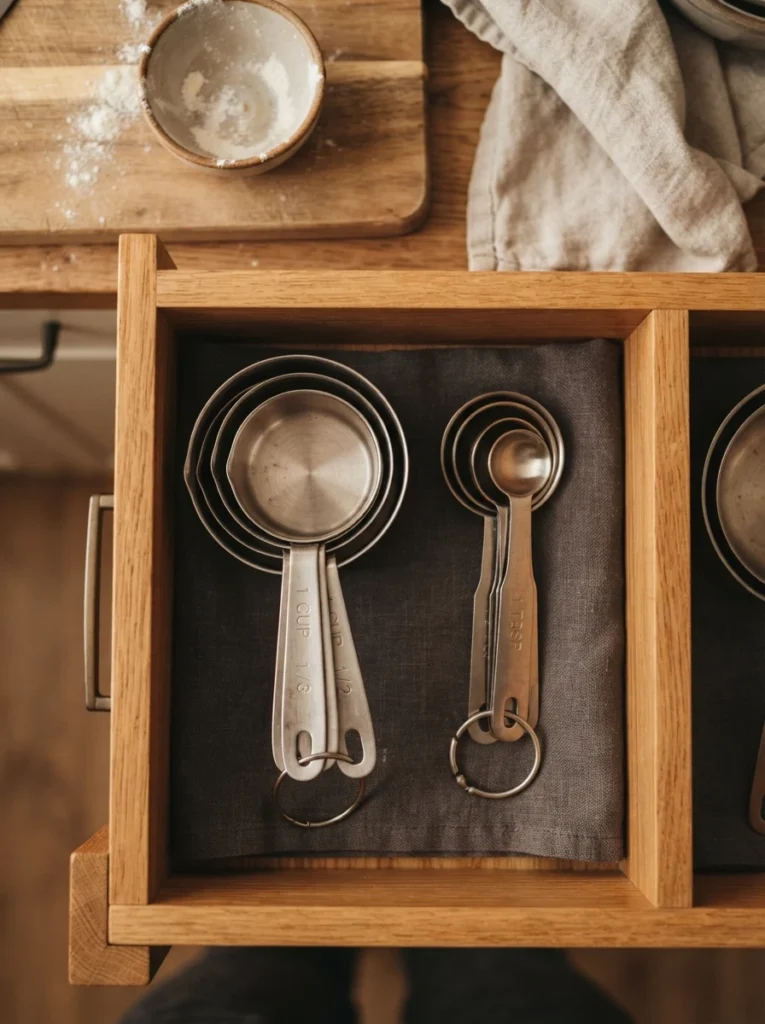 Nested measuring cups and spoons on a ring, stored together in one drawer compartment, warm kitchen lighting, vertical Pinterest photography, warm nested styling.