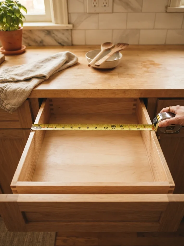 A tape measure across an empty kitchen drawer, checking dimensions before installing a knife block, warm kitchen lighting, vertical Pinterest photography, warm preparation styling.