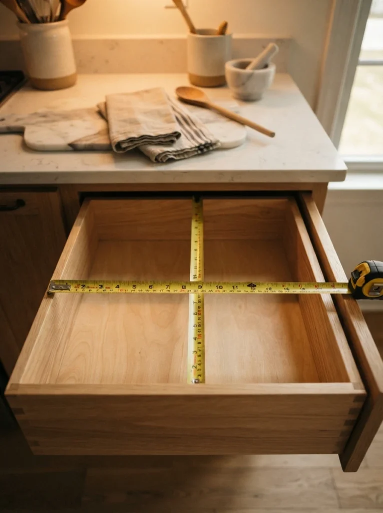 A tape measure laid across an empty kitchen drawer, measuring width and depth, warm kitchen lighting, vertical Pinterest photography, warm preparation styling.