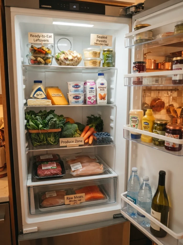 A refrigerator interior with raw meat on the bottom shelf and ready-to-eat leftovers on an upper shelf, clearly organized by temperature zone, warm kitchen lighting, vertical Pinterest photography, warm zoned styling.