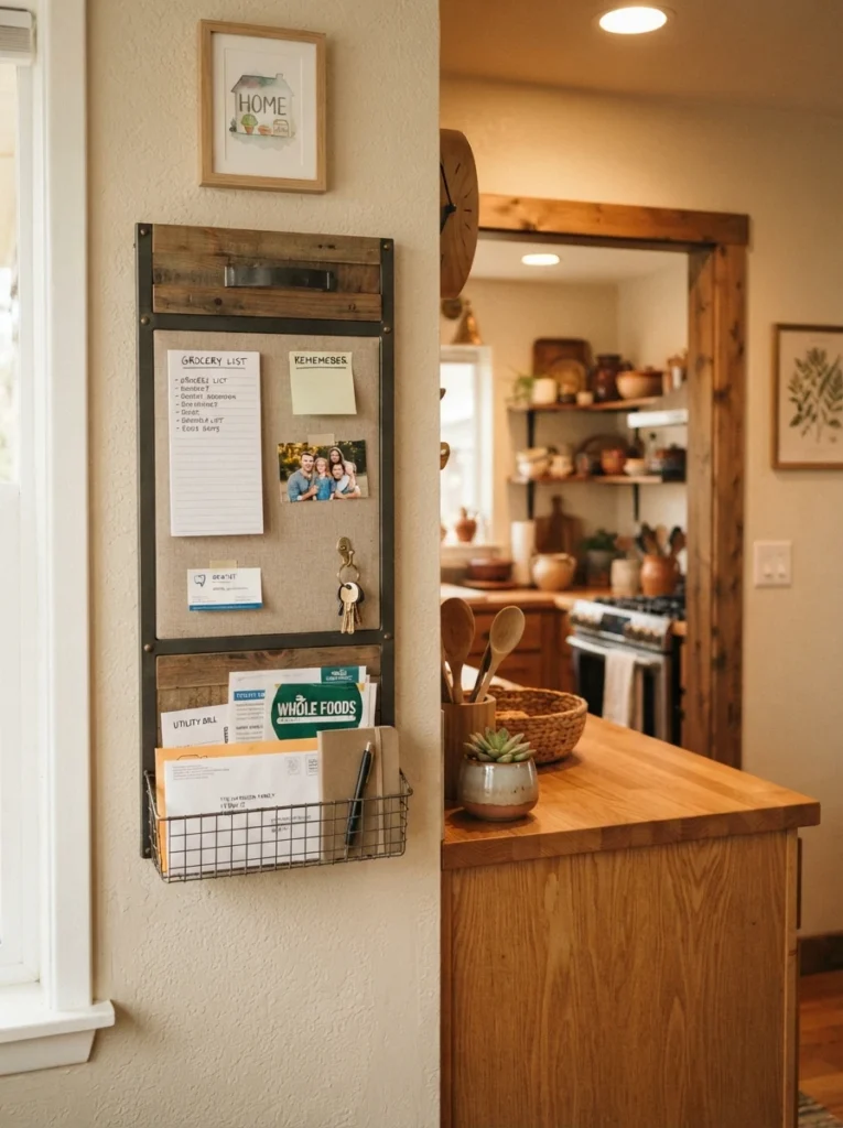 A small wall-mounted memo board and tray near a kitchen entrance holding mail and notes, counter space clear, warm kitchen lighting, vertical Pinterest photography, warm contained-clutter styling.