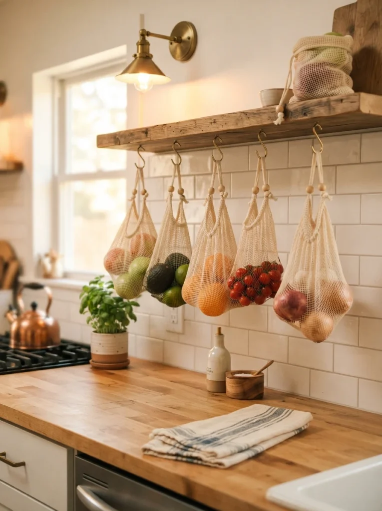 Mesh produce bags hung in a kitchen, holding fruits and vegetables, counter space clear below, warm kitchen lighting, vertical Pinterest photography, warm hanging styling.
