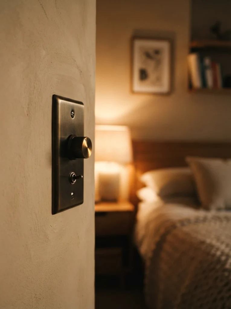 Close-up of a stylish metal dimmer switch on a bedroom wall, warm glow visible in the background, cozy apartment styling, evening ambiance, vertical Pinterest photography, warm hardware detail shot.