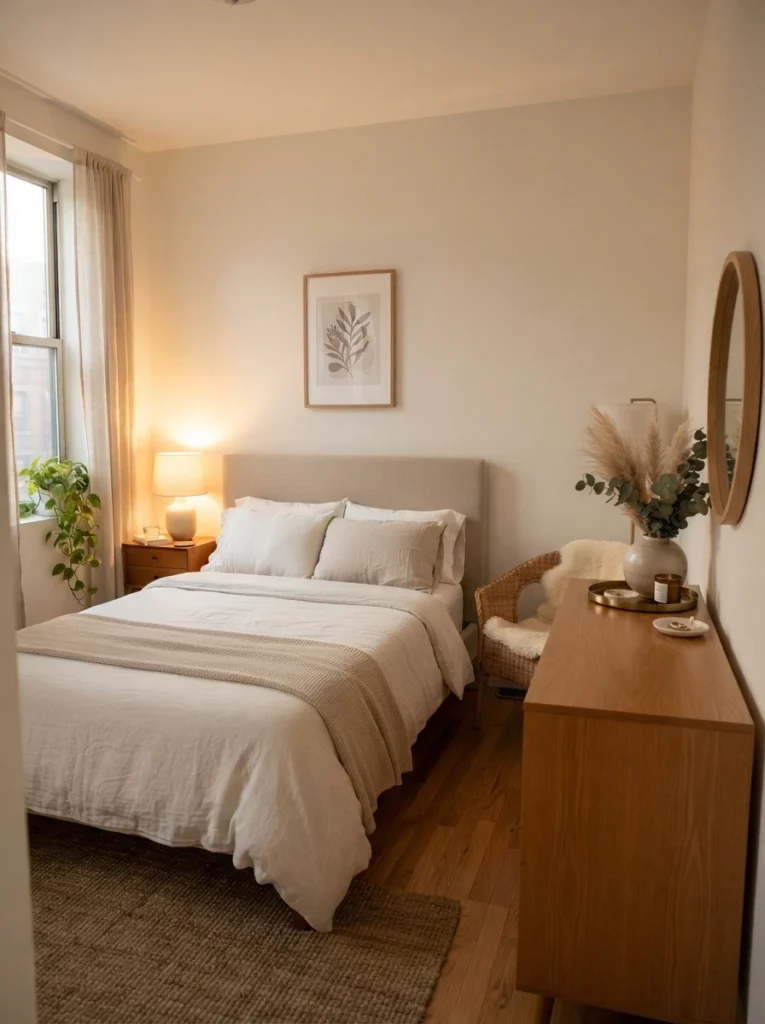 Cozy realistic small bedroom with intentionally minimal decor styling, clean dresser surface, soft warm lighting, neutral textures, calming uncluttered atmosphere, realistic apartment proportions, Pinterest-style ultra realistic interior photography