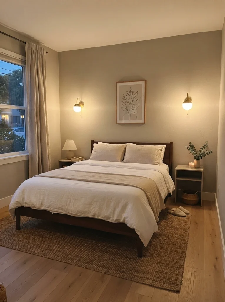 A small bedroom with matching wall sconces mounted on the widest wall, warm light stretching the visual width of the room, minimalist bed in the center, evening ambiance, vertical Pinterest photography, warm inviting tones.
