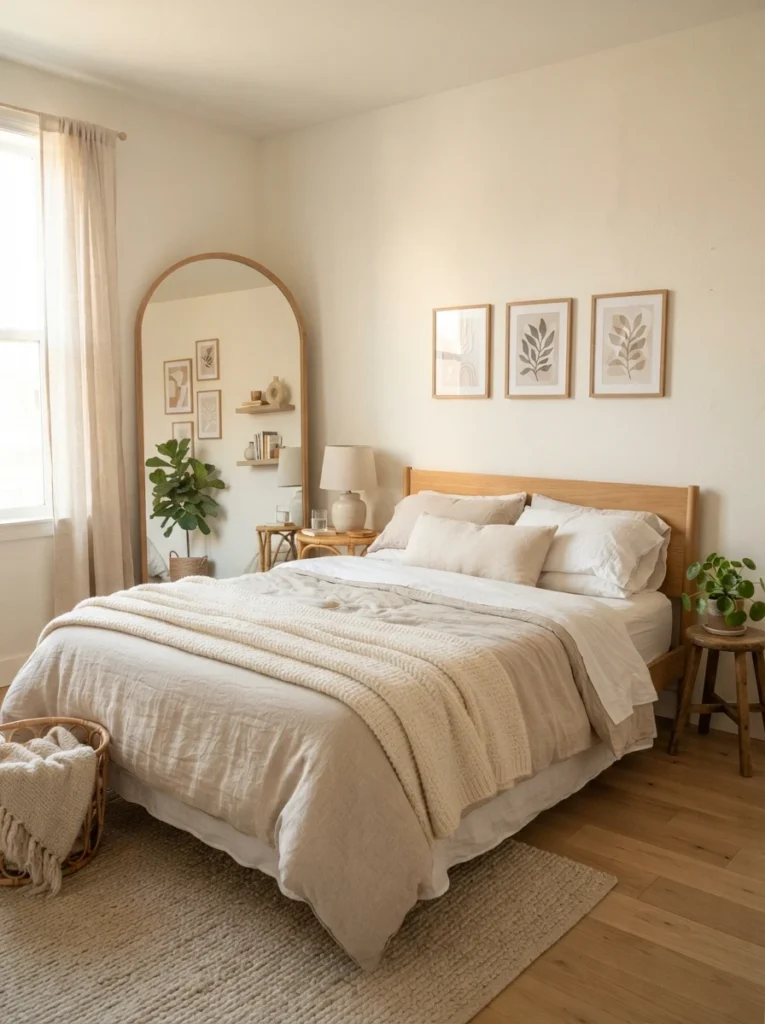 Small apartment bedroom with large standing mirror reflecting warm daylight, cozy neutral bedding, airy realistic layout, soft layered textures, calming minimalist decor, visually open atmosphere, ultra realistic Pinterest interior photography