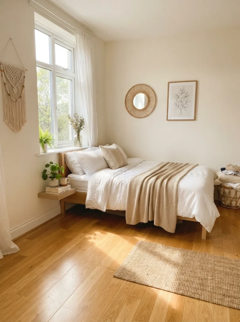 A small bedroom with light wood flooring reflecting bright natural daylight, airy open atmosphere, cozy minimalist bed, daytime ambiance, vertical Pinterest photography, warm bright natural tones.