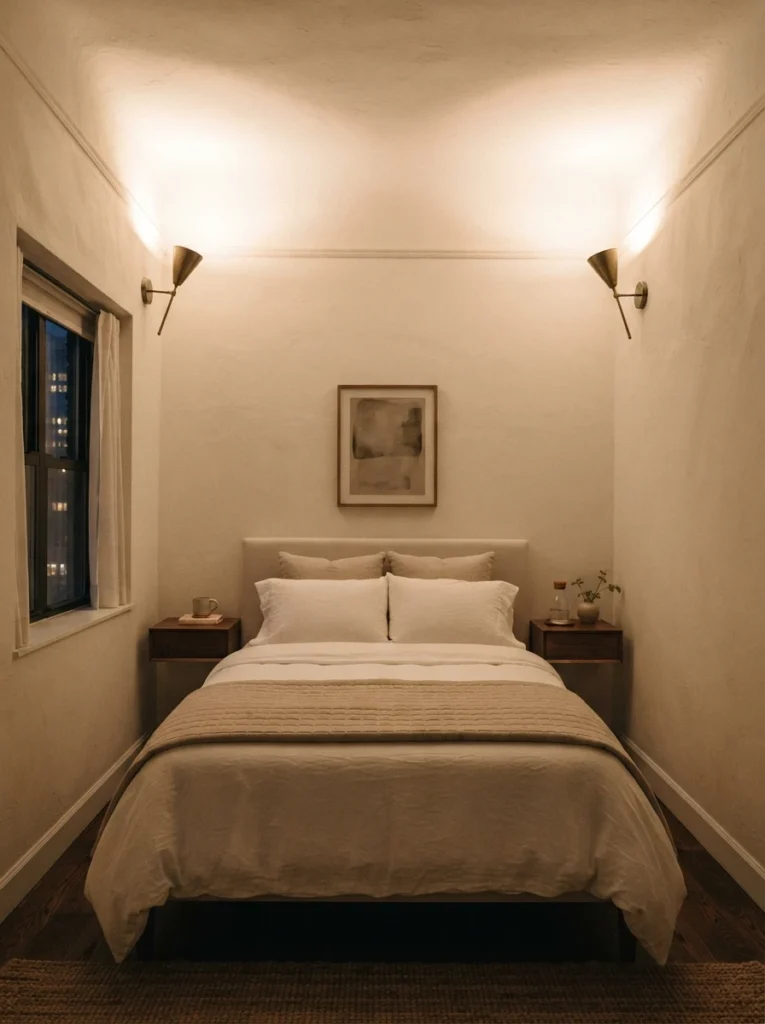A small bedroom with wall sconces mounted high and angled upward, warm light washing across the ceiling to create a sense of height, minimalist hotel-style bed below, evening ambiance, vertical Pinterest photography, warm architectural lighting effect.