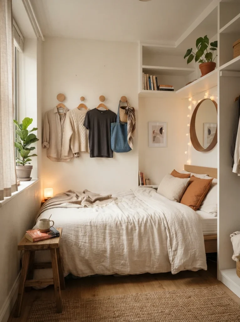 Small modern bedroom with minimalist wooden wall hooks holding neutral-toned clothing, cozy apartment atmosphere, soft warm lighting, realistic lived-in room styling, compact renter-friendly layout, calming uncluttered environment, Pinterest-style ultra realistic photography