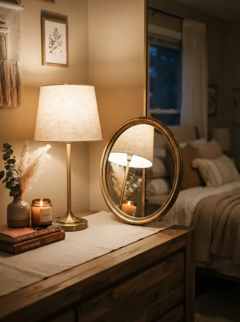 A small mirror positioned beside a warm table lamp on a bedroom dresser, light reflecting and doubling across the room, cozy neutral styling, evening ambiance, vertical Pinterest photography, warm reflective tones.