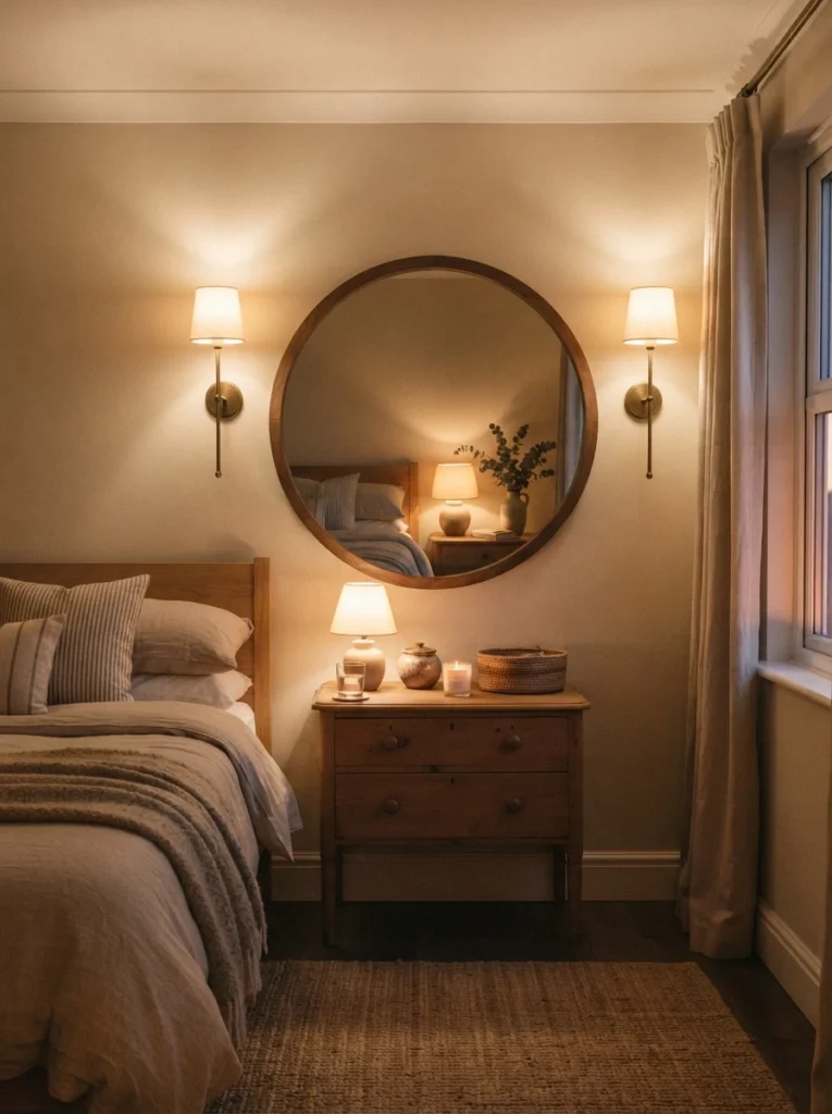 A small bedroom featuring a mix of coordinating but not identical light fixtures, a sconce, a lamp, and a pendant sharing a finish but different shapes, cozy evening ambiance, vertical Pinterest photography, warm curated tones.