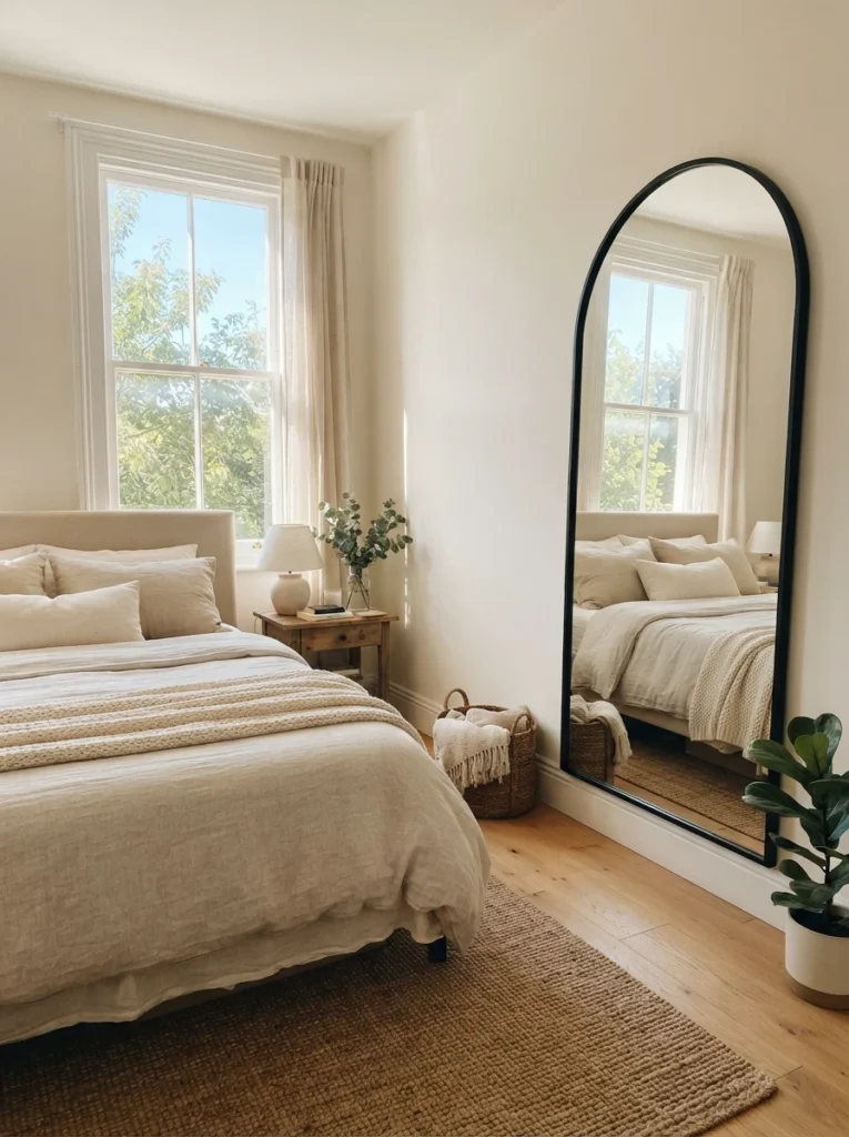 A large mirror positioned directly across from a bedroom window, natural daylight reflecting deep into the room, cozy neutral bedding nearby, bright airy atmosphere, vertical Pinterest photography, warm expansive tones.