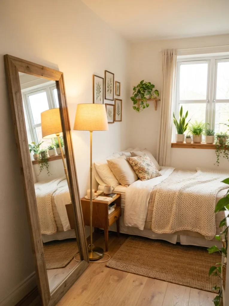 Modern small bedroom featuring a wooden slat headboard with hidden warm LED backlighting glowing around its edges, soft amber halo effect against a dark accent wall, minimalist bed styling with linen sheets, evening ambiance, dramatic but cozy lighting contrast, vertical Pinterest-style photo, editorial interior design shot.