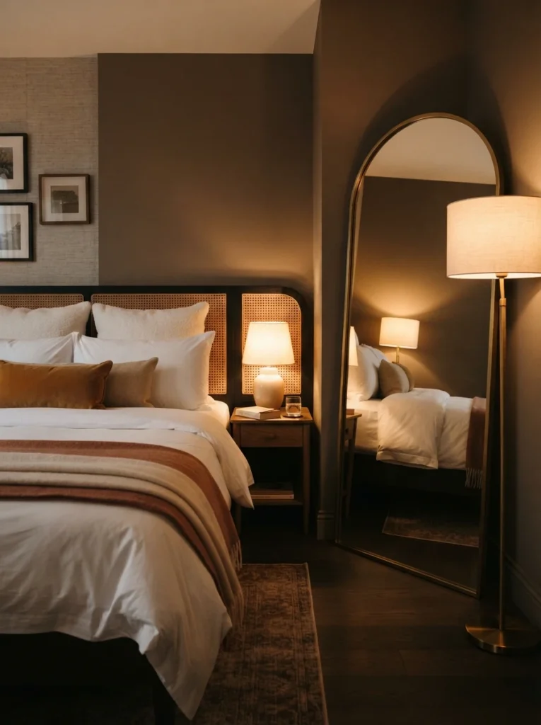 A large floor-to-ceiling mirror in a small bedroom positioned across from a warm glowing floor lamp, light reflecting softly back into the room, hotel-style bed with crisp linens, evening ambiance, vertical Pinterest photography, warm luxurious tones.