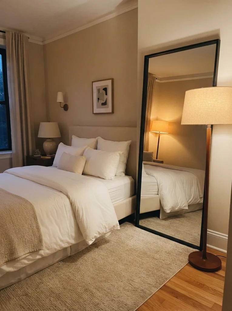A large floor-to-ceiling mirror in a small bedroom positioned across from a warm glowing floor lamp, light reflecting softly back into the room, hotel-style bed with crisp linens, evening ambiance, vertical Pinterest photography, warm luxurious tones.