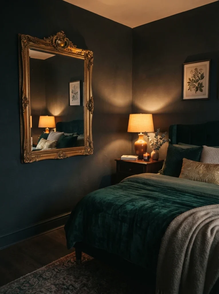 A large ornate gold-framed mirror hanging across from a warm glowing lamp in a small dark bedroom, light reflecting softly back into the room, deep moody wall color, cozy velvet bedding, evening ambiance, vertical Pinterest photography, warm luxurious tones.