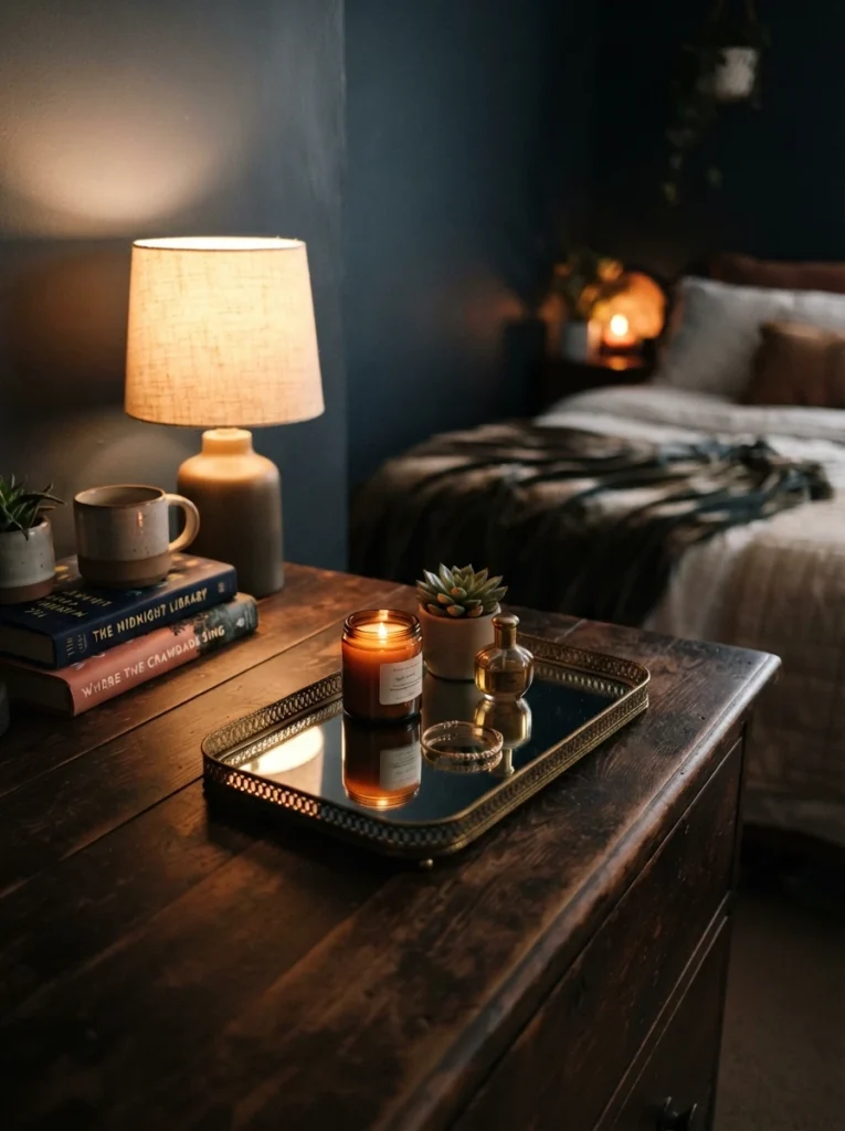 A floating wood shelf with warm concealed LED lighting washing softly down a dark accent wall, small sculptural decor pieces on the shelf, cozy moody bedroom below, evening ambiance, vertical Pinterest photography, warm subtle glow.