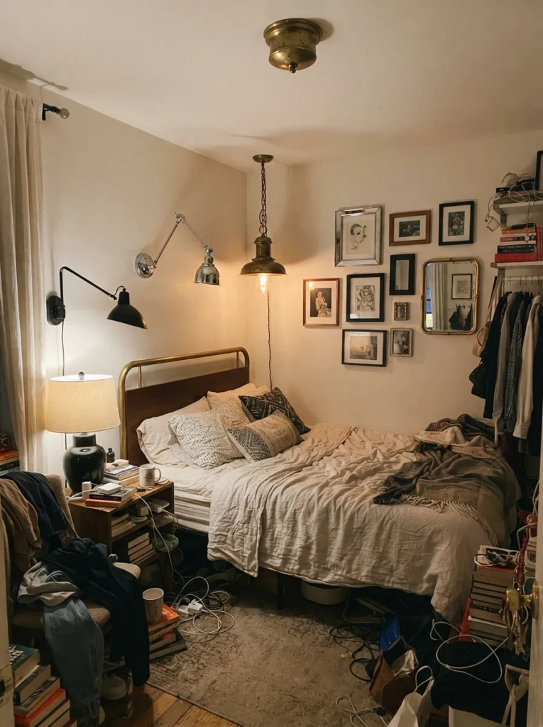 A small bedroom with mismatched brass, chrome, and black light fixtures competing visually, cluttered inconsistent styling, evening ambiance, vertical Pinterest photography, showing the finish-mixing mistake.