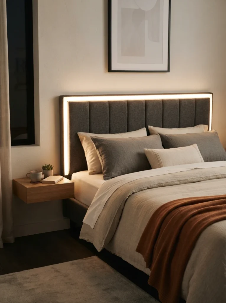 A modern upholstered headboard with built-in LED reading lights glowing softly along its edge, cozy bed with layered bedding, minimalist bedroom with no visible lamp anywhere, evening ambiance, vertical Pinterest photography, warm integrated lighting.
