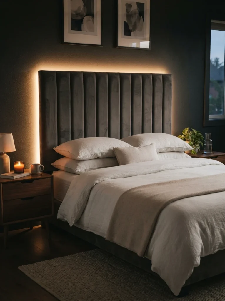 A modern upholstered headboard with a soft warm LED halo glowing around its edges, dim ambient bedroom lighting, crisp neutral bedding, dramatic but cozy contrast, evening atmosphere, vertical Pinterest photography, warm editorial interior styling.
