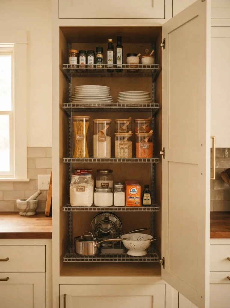 A modular wire shelving system installed inside a kitchen cabinet, custom tier heights holding organized items, warm kitchen lighting, vertical Pinterest photography, warm modular styling.