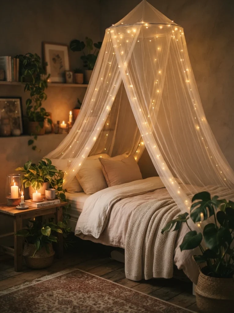 A sheer mosquito net draped over a small bed like a soft tent, warm fairy lights woven around the netting, cozy plants and candles nearby, dreamy evening atmosphere, vertical Pinterest photography, warm enchanting tones.