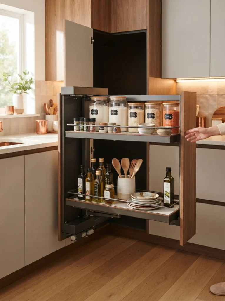 A motorized corner cabinet shelf extending automatically from an open cabinet, organized kitchen items visible, warm lighting, vertical Pinterest photography, warm high-tech styling.