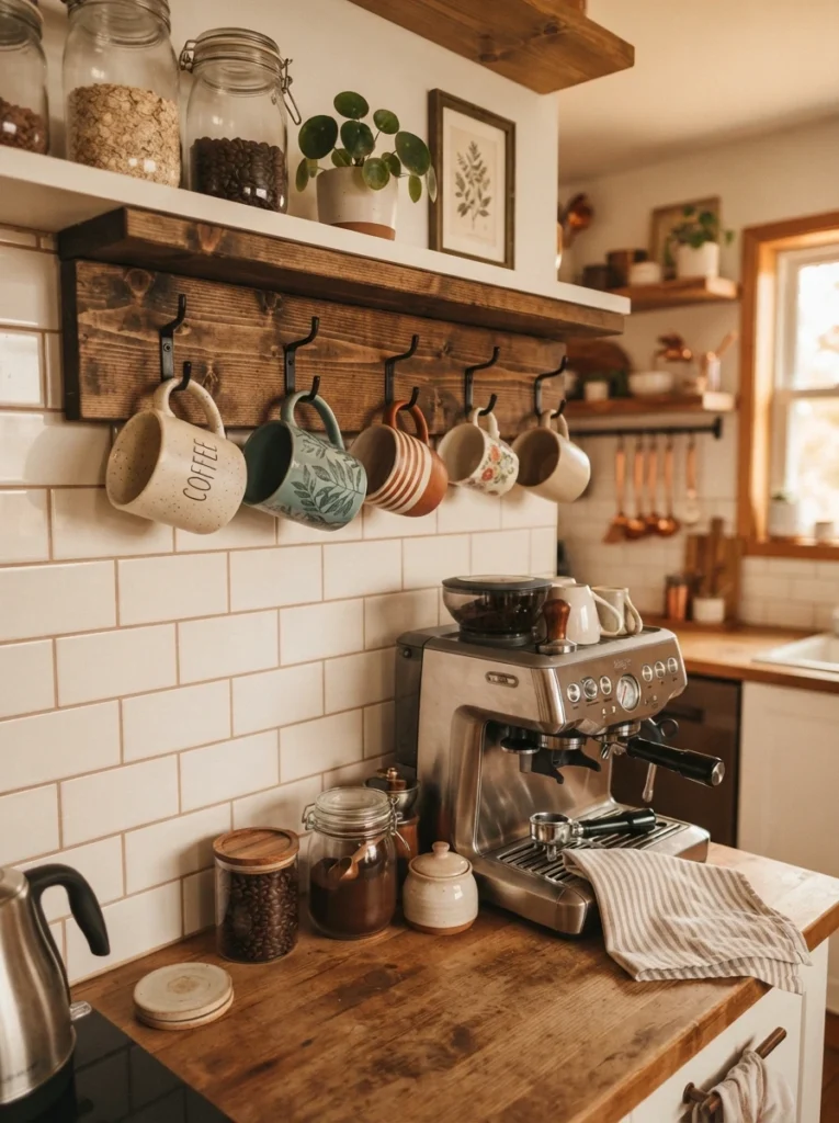 ![A small cup rack mounted on the wall above a coffee station, mugs hanging visibly, warm kitchen lighting, vertical Pinterest photography, warm vertical-storage styling.]