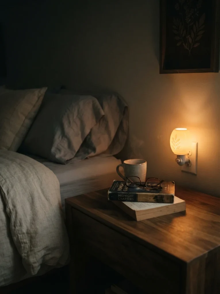 A small warm amber night light glowing softly on a bedroom nightstand, dim cozy atmosphere, neutral bedding barely visible in the low light, calm evening wind-down mood, vertical Pinterest photography, warm intimate close-up shot.