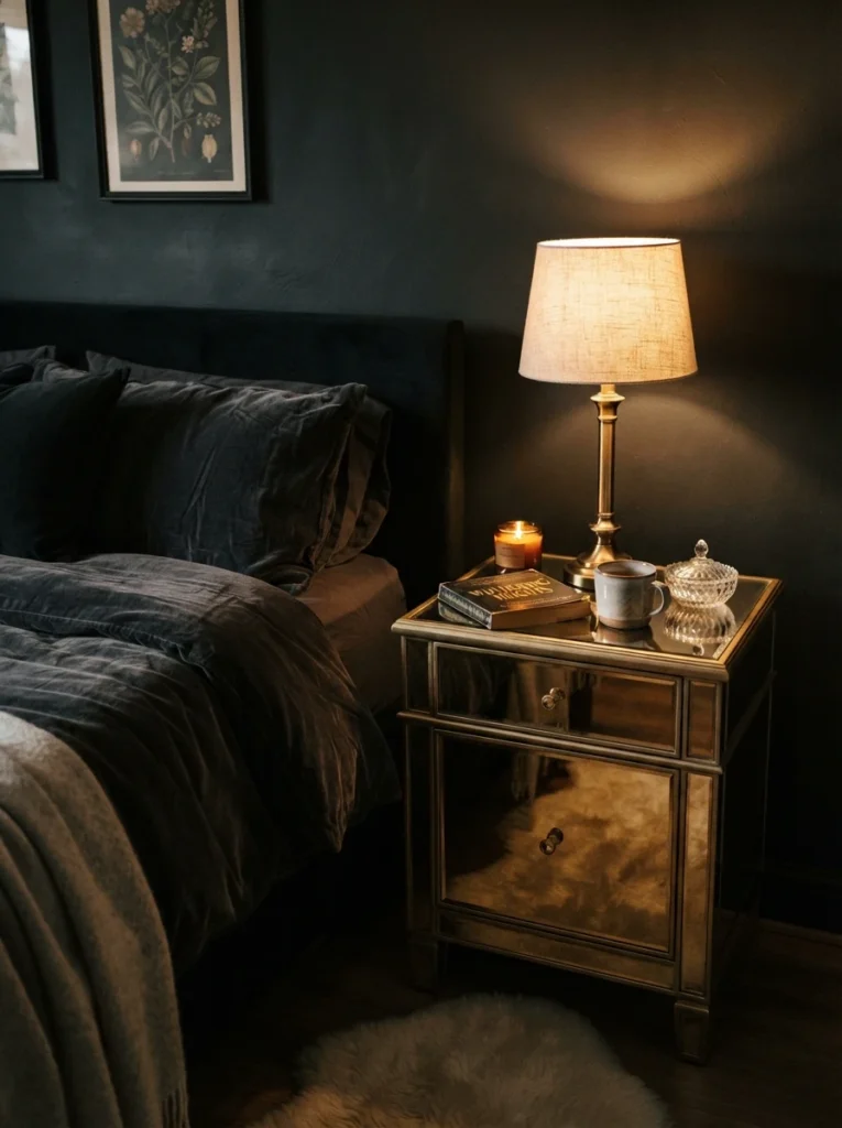 A mirrored nightstand catching warm lamp light in a small dark moody bedroom, deep charcoal walls, cozy velvet bedding, soft golden reflections, evening ambiance, vertical Pinterest photography, warm dramatic detail shot.
