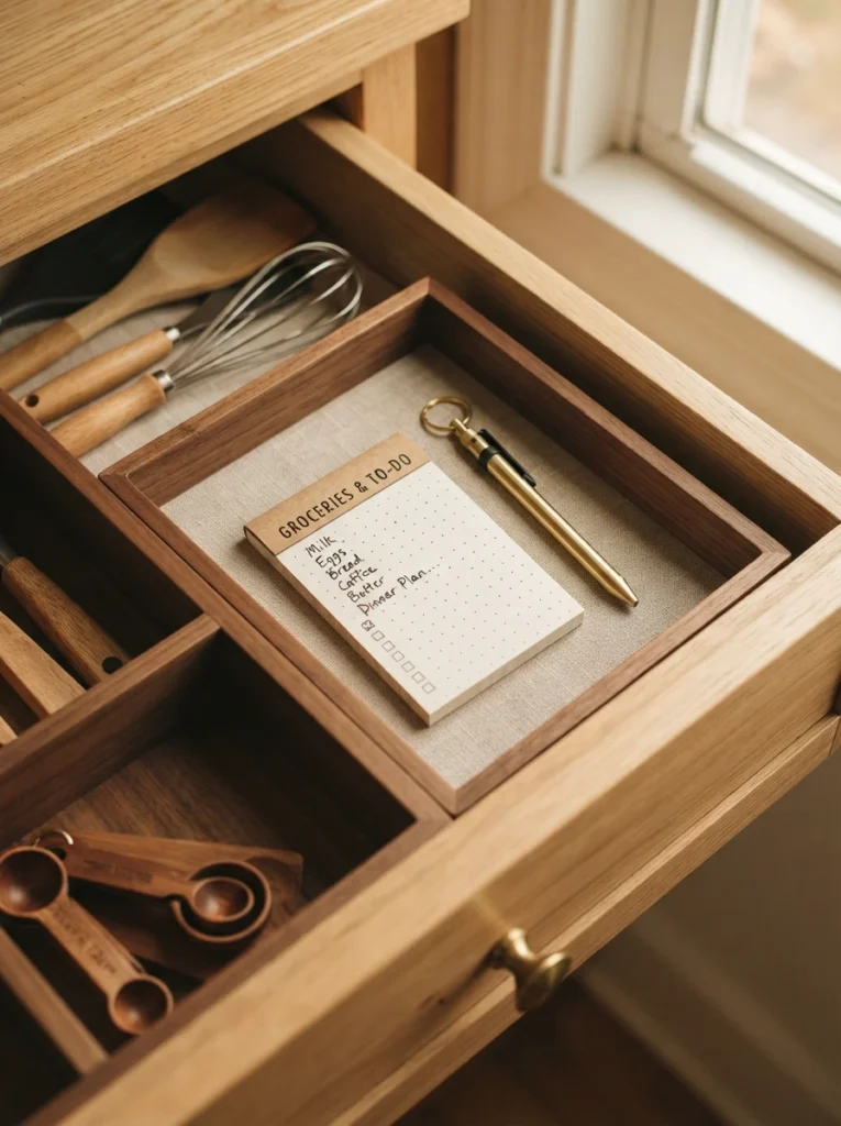 Pens, tape, and notepads grouped closely together within a compartment of an organized drawer, warm kitchen lighting, vertical Pinterest photography, warm grouped styling.