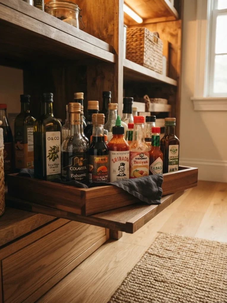 Oil and sauce bottles stored on the lowest pantry shelf, positioned to avoid dripping onto items below, warm kitchen lighting, vertical Pinterest photography, warm leak-prevention styling.